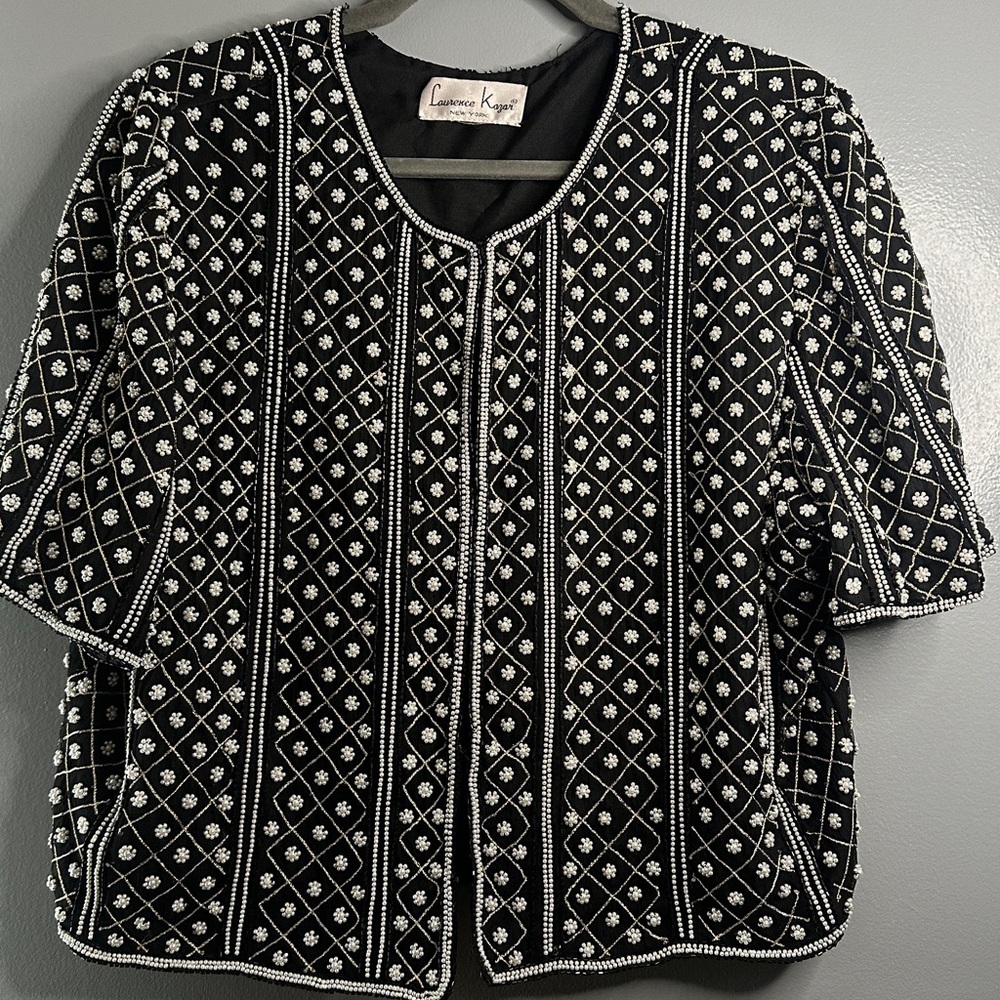 laurence kazar black white seauin glitter crystal silk jacket blazer